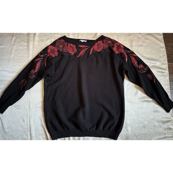 STUNNING Chico's Sweater Black Red Floral Embroidered Christmas Holiday Sz 3 XL‎ - Picture 6 of 16